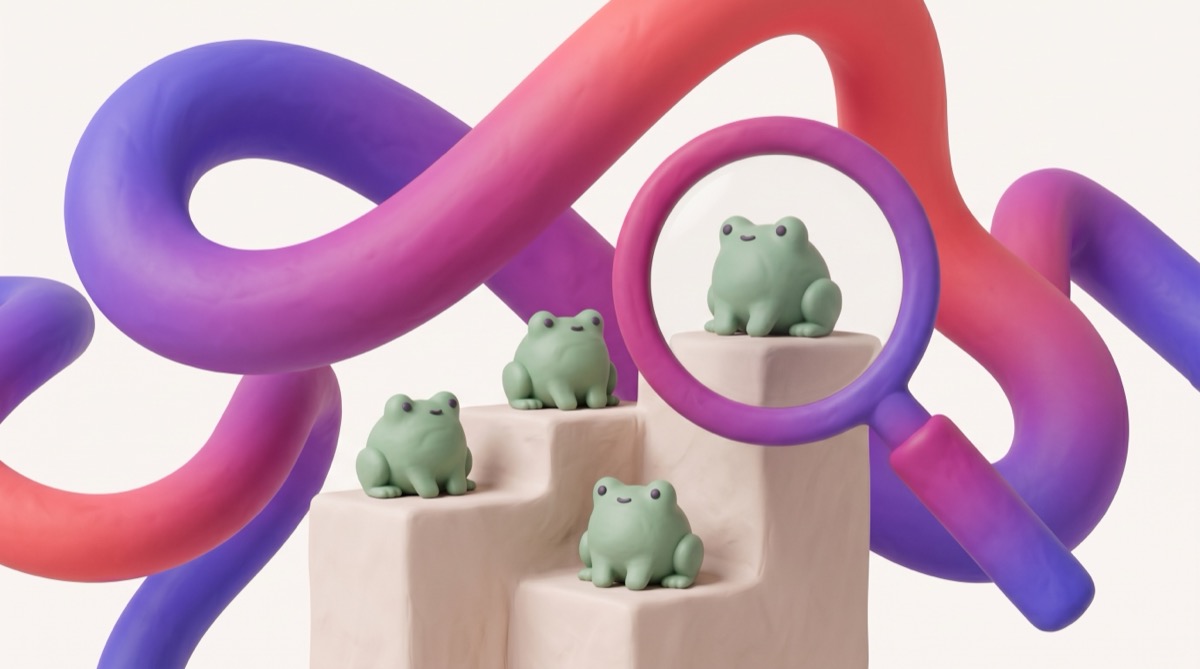 Brandová 3D ilustrace: clay žabky na schodech, jednu si prohlíží lupa, na pozadí gradientový ribbon re:LLMO