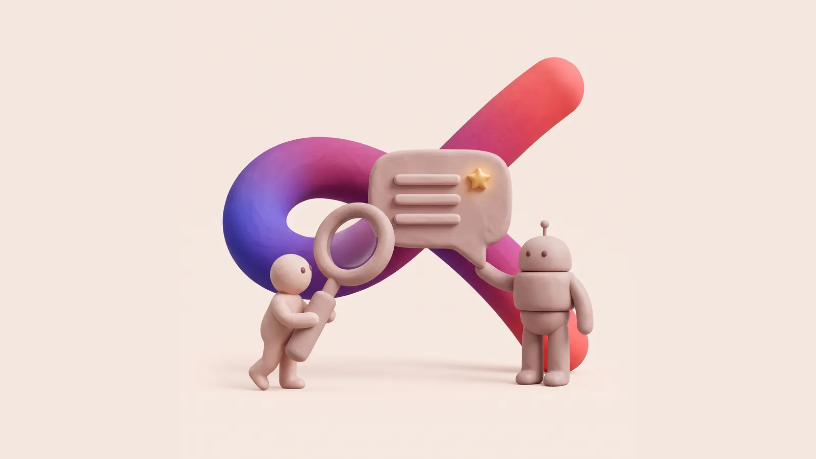 Brandová 3D ilustrace: postavička s lupou zkoumá odpověď AI, kterou drží robot
