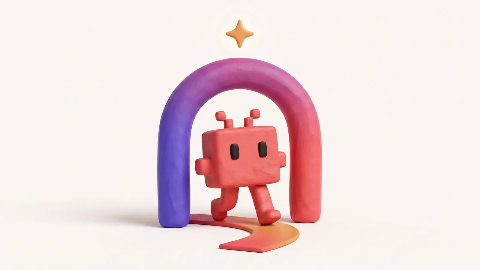 Brandová 3D ilustrace: robůtek prochází gradientovou bránou re:LLMO (rozjezd)