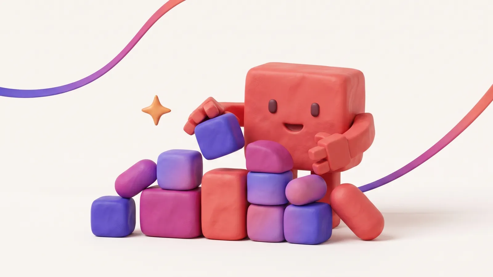 Brandová 3D ilustrace: robůtek skládá gradientové clay kostky re:LLMO (sestavení)