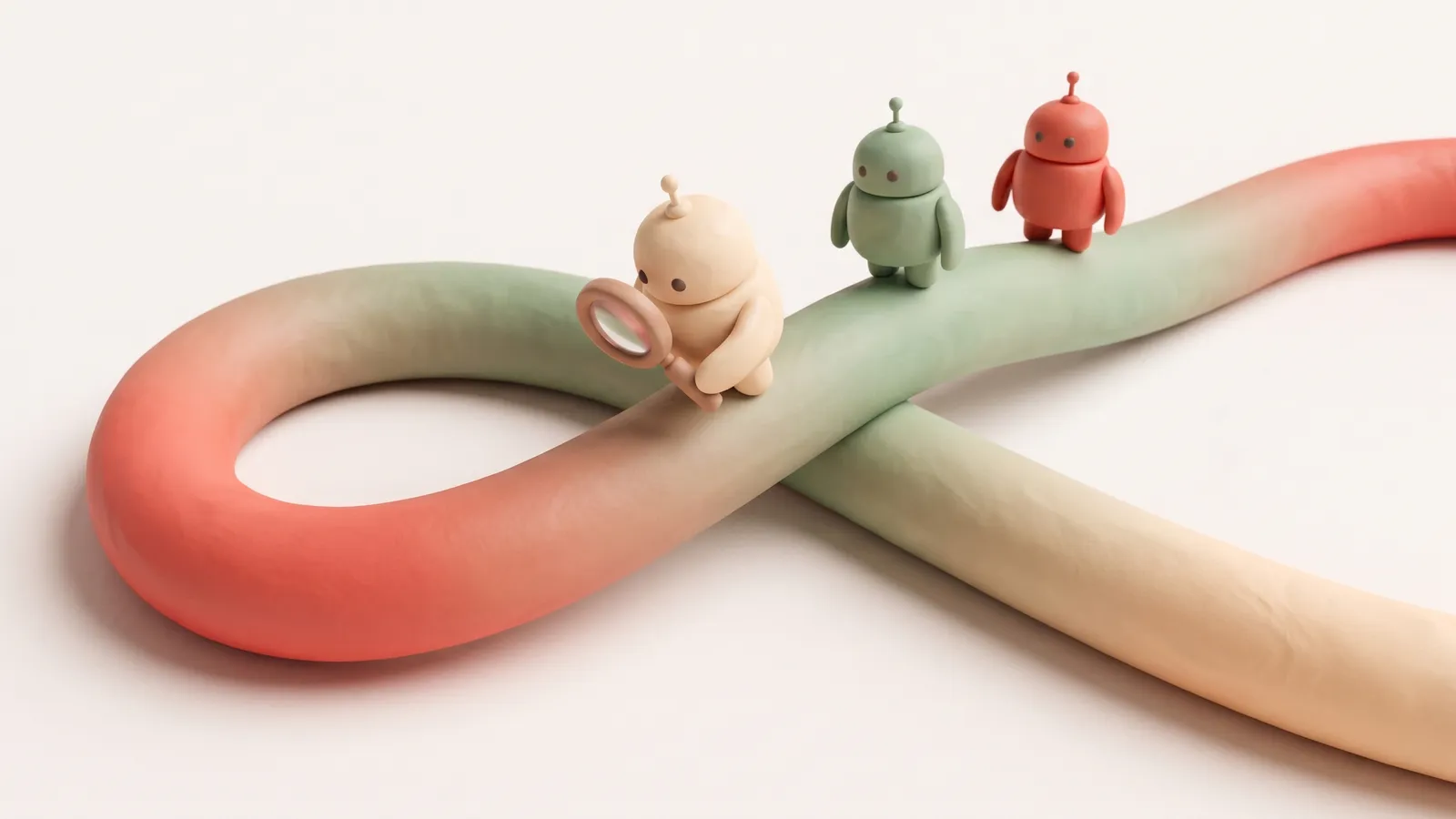 Brandová 3D ilustrace: robotci čtou cestu lupou na gradientovém ribbonu re:LLMO